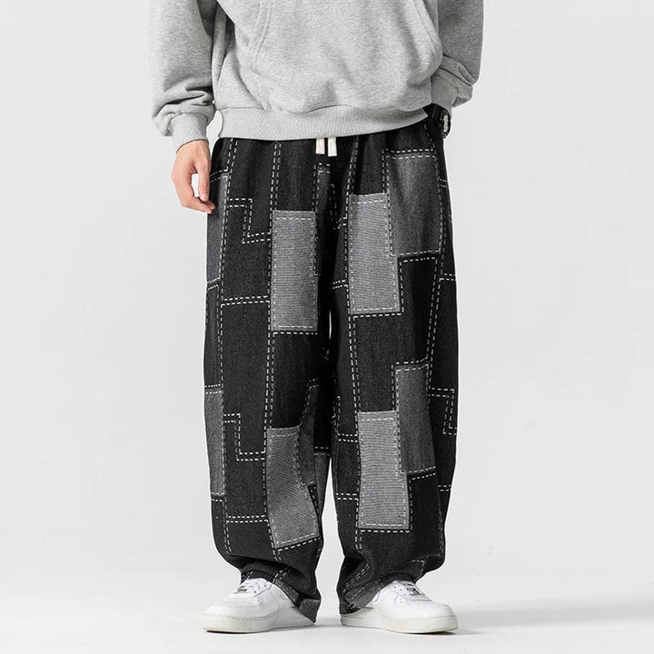 Men’s Patchwork Wide-Leg Pants with Drawstring Waist