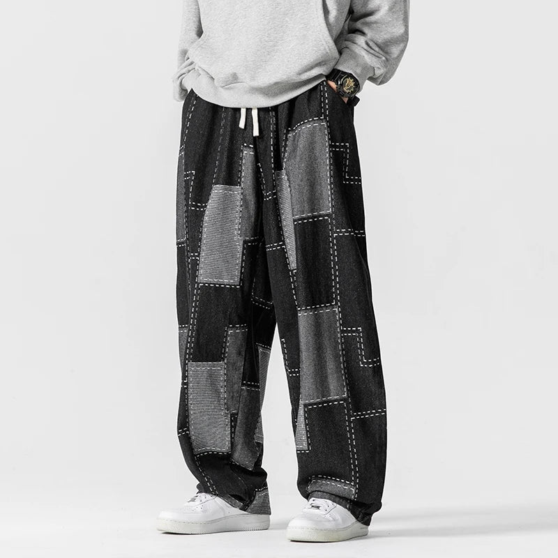 Men’s Patchwork Wide-Leg Pants with Drawstring Waist