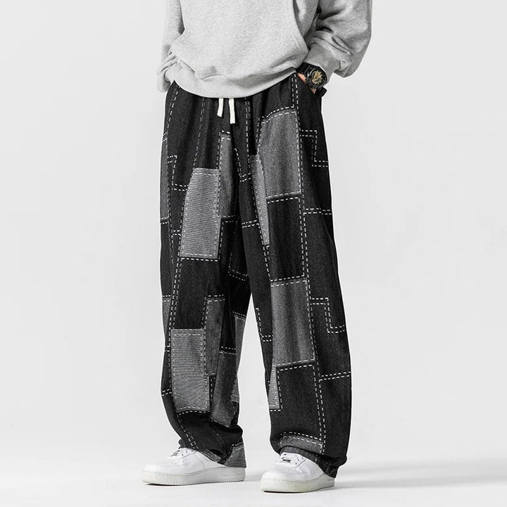 Men’s Patchwork Wide-Leg Pants with Drawstring Waist