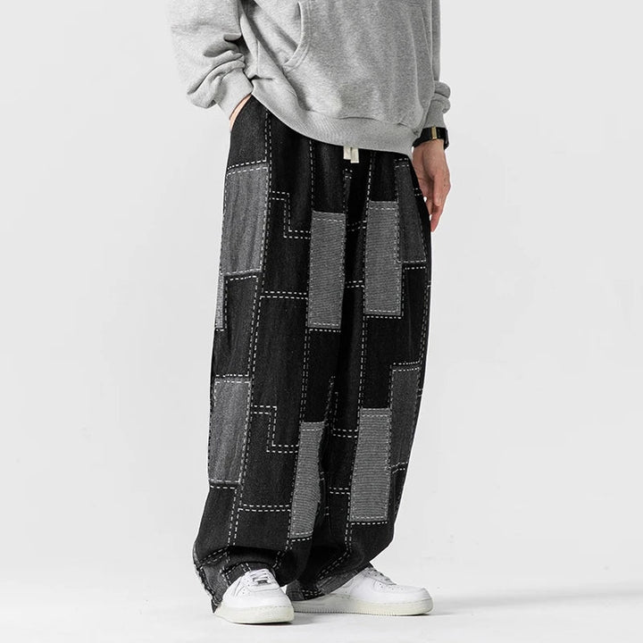 Men’s Patchwork Wide-Leg Pants with Drawstring Waist