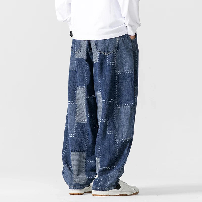Men’s Patchwork Wide-Leg Pants with Drawstring Waist