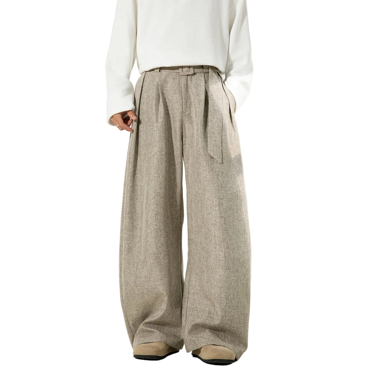 Men’s Pleated Wide-Leg Pants with Waist Belt