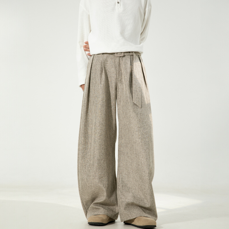 Men’s Pleated Wide-Leg Pants with Waist Belt