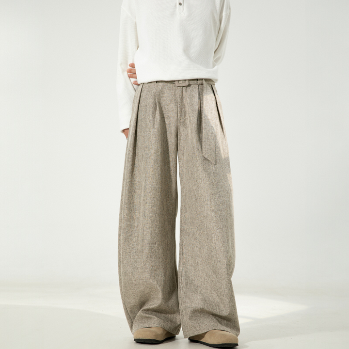 Men’s Pleated Wide-Leg Pants with Waist Belt