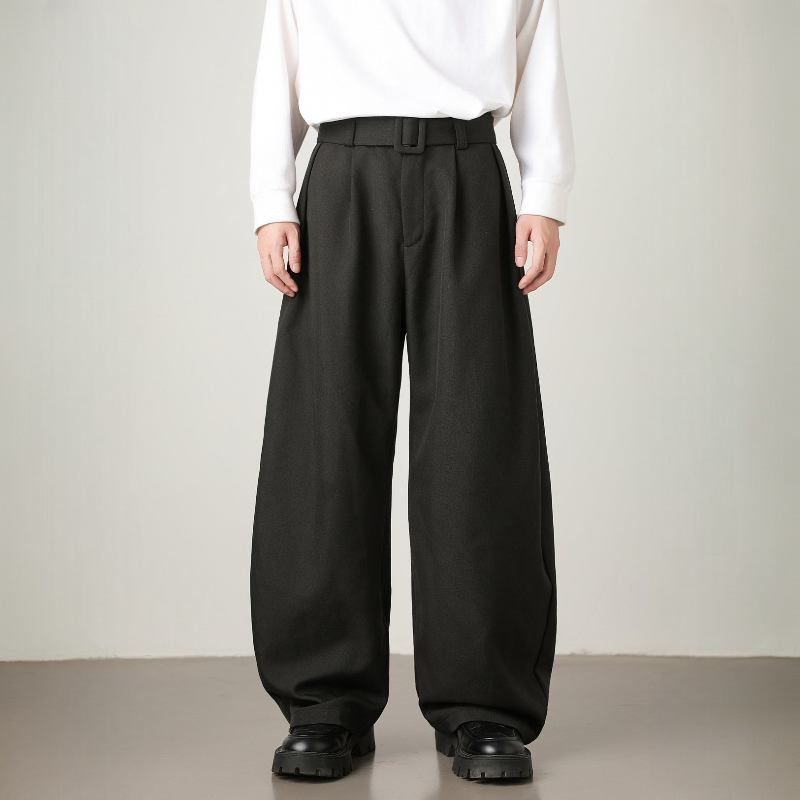 Men’s Pleated Wide-Leg Pants with Waist Belt