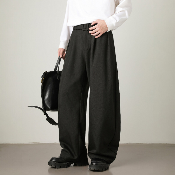 Men’s Pleated Wide-Leg Pants with Waist Belt