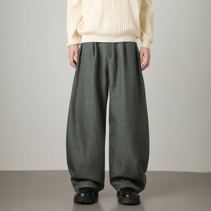 Men’s Pleated Wide-Leg Pants with Waist Belt