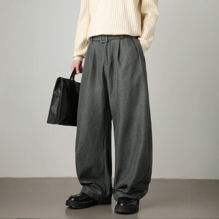 Men’s Pleated Wide-Leg Pants with Waist Belt
