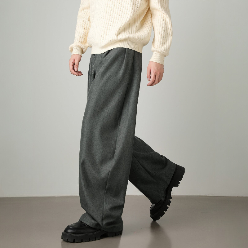 Men’s Pleated Wide-Leg Pants with Waist Belt