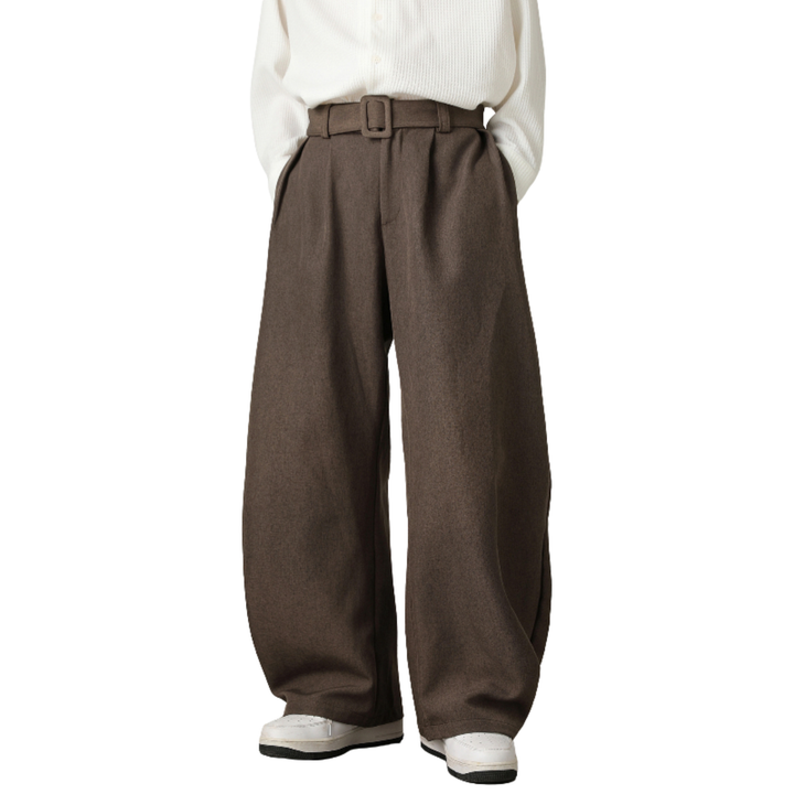 Men’s Pleated Wide-Leg Pants with Waist Belt