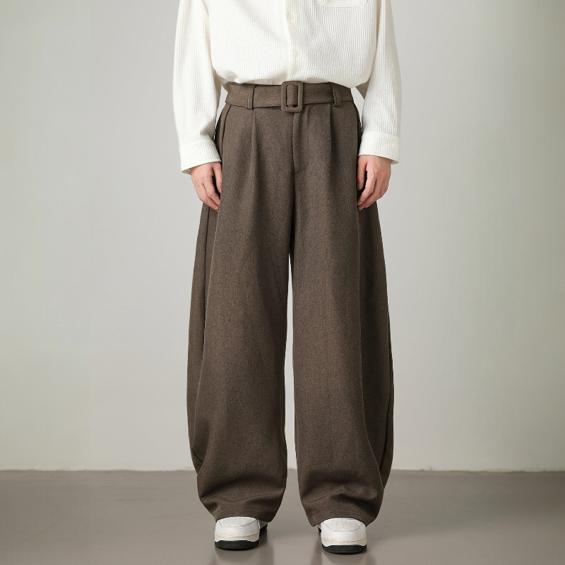 Men’s Pleated Wide-Leg Pants with Waist Belt