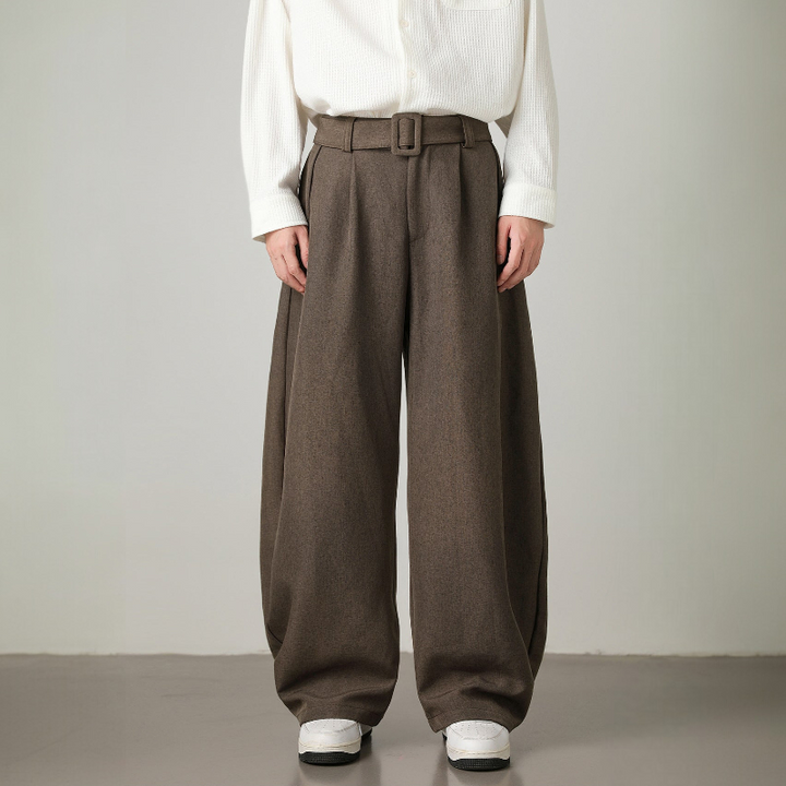 Men’s Pleated Wide-Leg Pants with Waist Belt