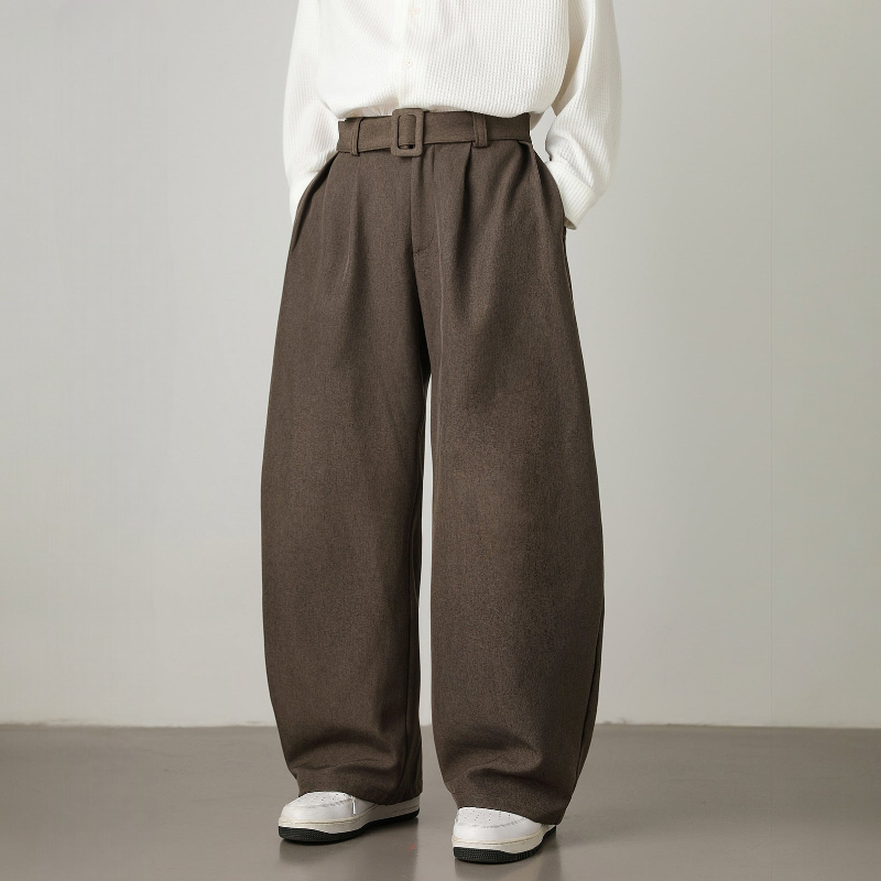 Men’s Pleated Wide-Leg Pants with Waist Belt