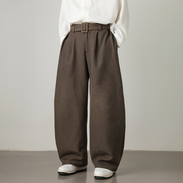 Men’s Pleated Wide-Leg Pants with Waist Belt