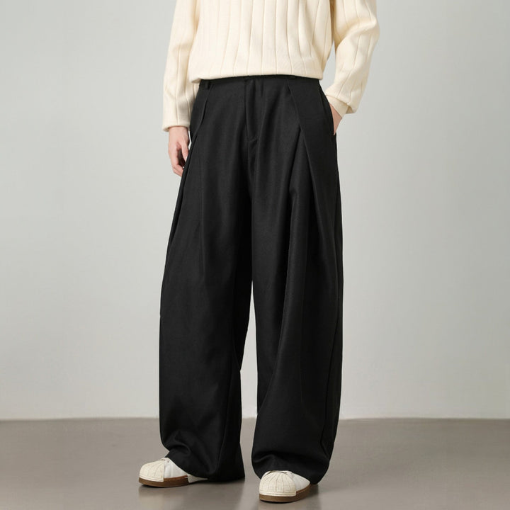 Men’s Pleated Wide-Leg Pants with Elastic Back Waistband