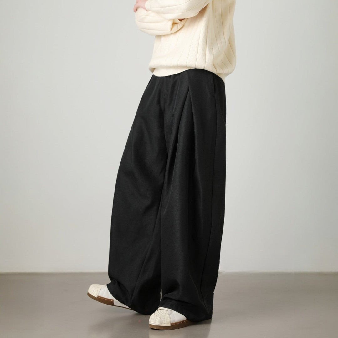 Men’s Pleated Wide-Leg Pants with Elastic Back Waistband