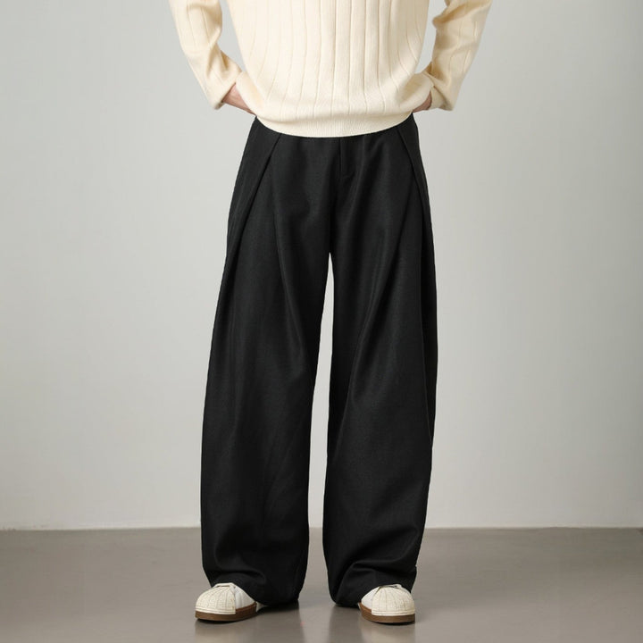 Men’s Pleated Wide-Leg Pants with Elastic Back Waistband