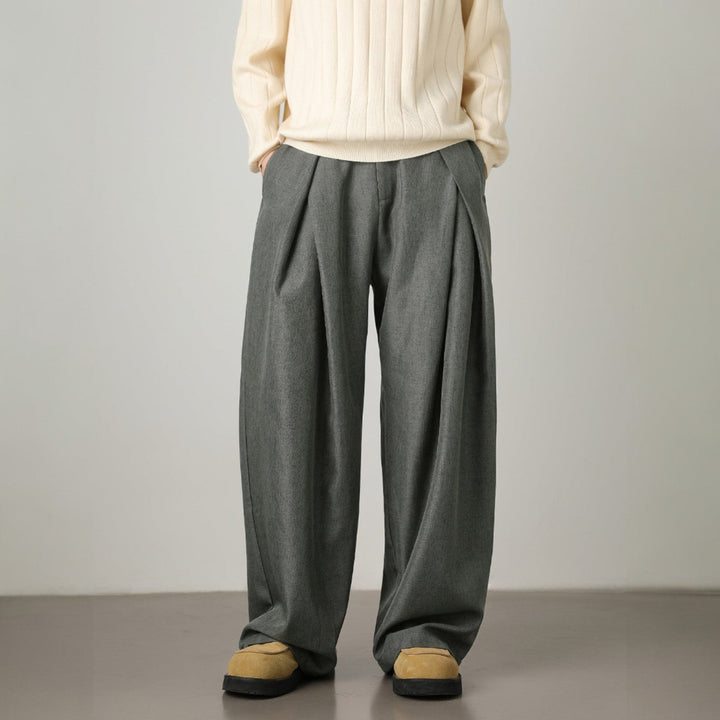 Men’s Pleated Wide-Leg Pants with Elastic Back Waistband