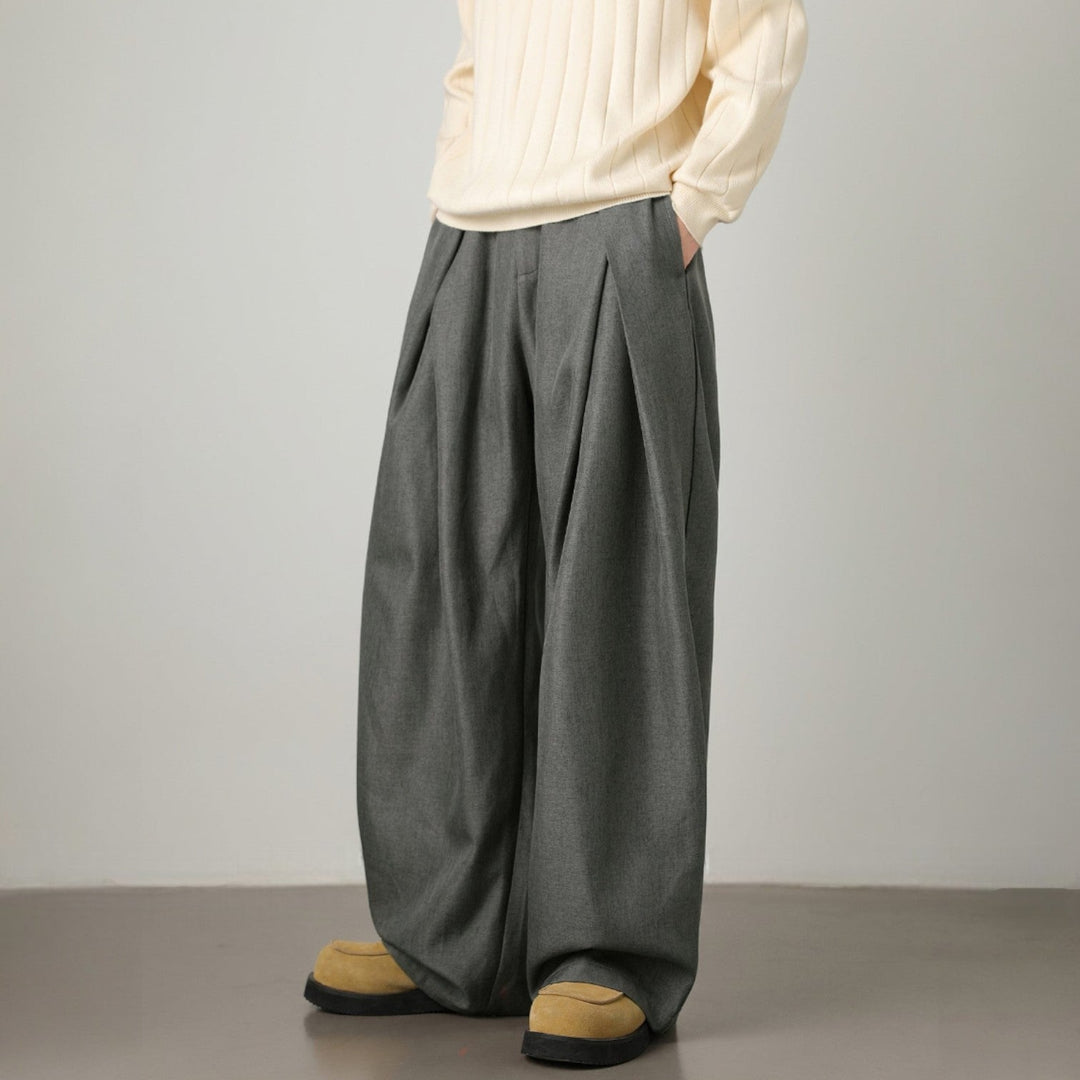 Men’s Pleated Wide-Leg Pants with Elastic Back Waistband