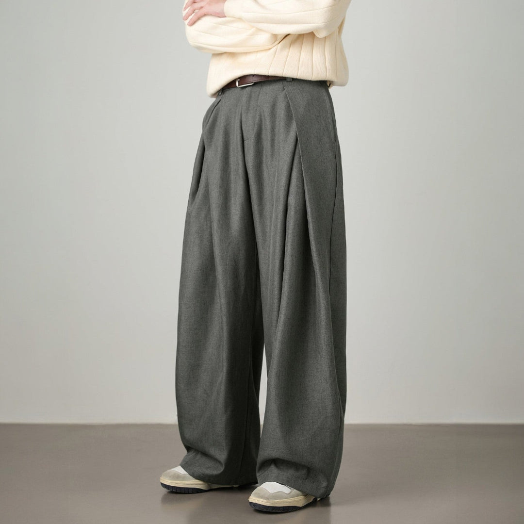 Men’s Pleated Wide-Leg Pants with Elastic Back Waistband