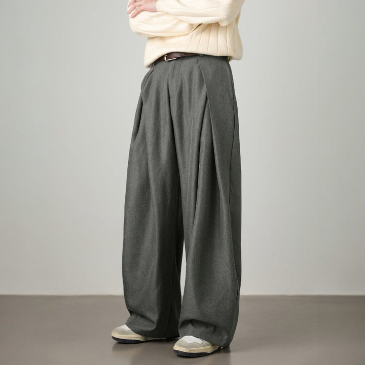 Men’s Pleated Wide-Leg Pants with Elastic Back Waistband