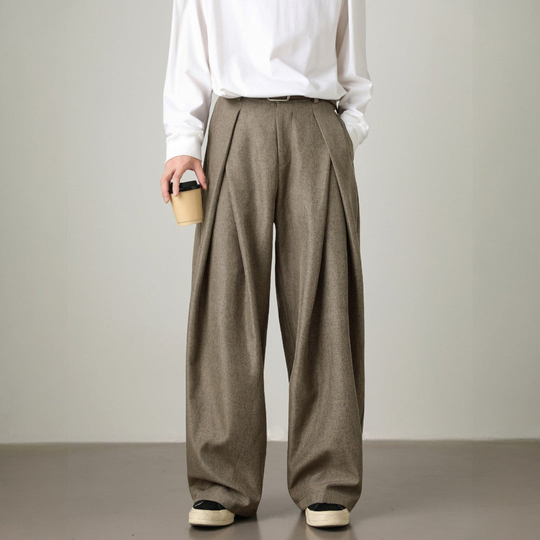 Men’s Pleated Wide-Leg Pants with Elastic Back Waistband