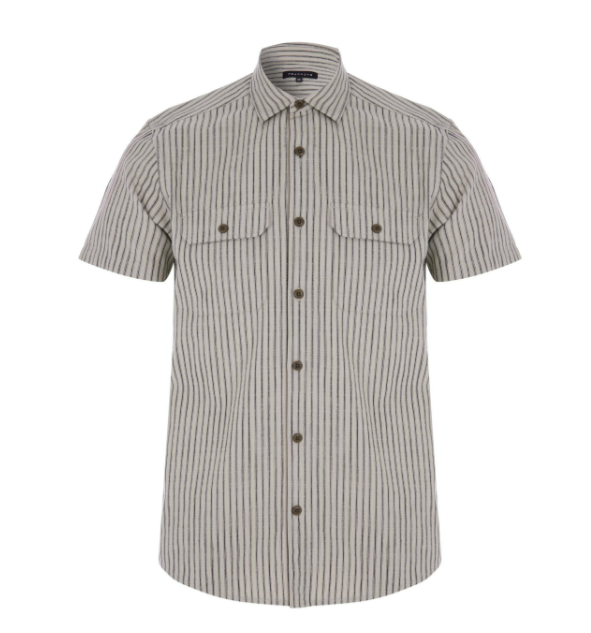 Men’s Vertical Stripe Short Sleeve Button-Up Shirt With Dual Chest Pockets