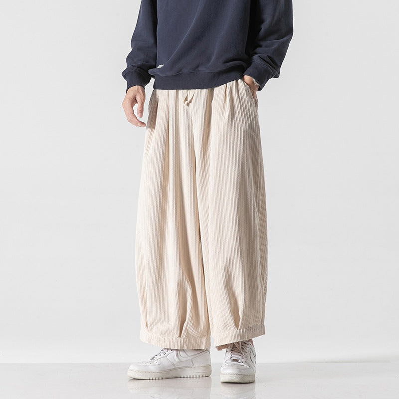 Men’s Wide-Leg Ribbed Pants with Elastic Drawstring Waist