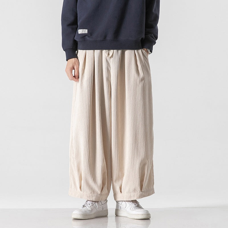 Men’s Wide-Leg Ribbed Pants with Elastic Drawstring Waist