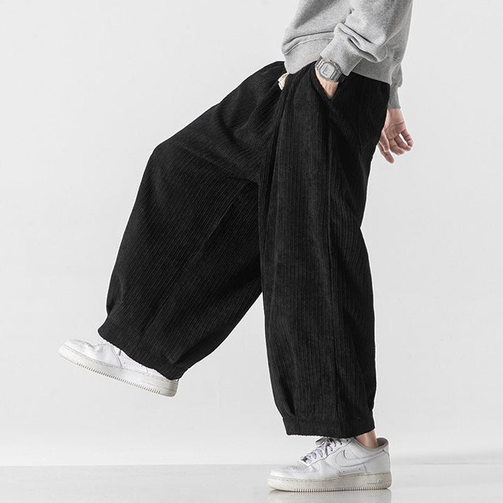 Men’s Wide-Leg Ribbed Pants with Elastic Drawstring Waist
