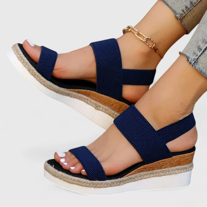 Women's Open Toe Wedge Sandals with Ankle Strap and Ring Hardware