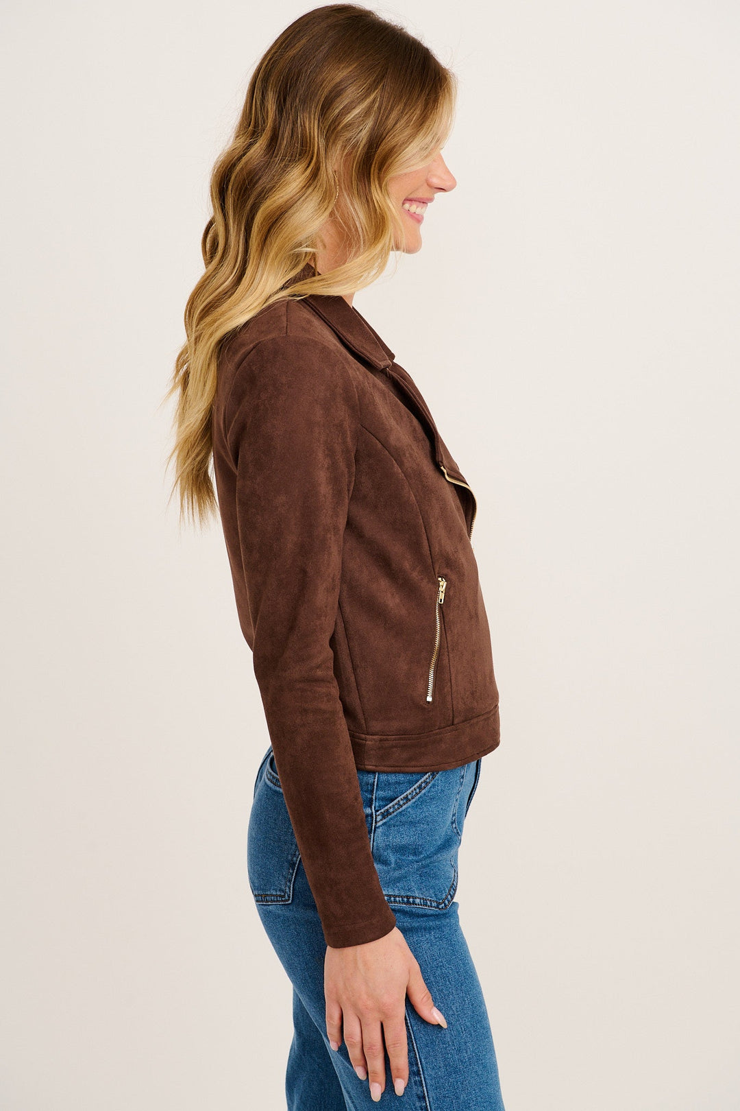 Women's Cropped Asymmetric Zip Moto Jacket with Suede Look