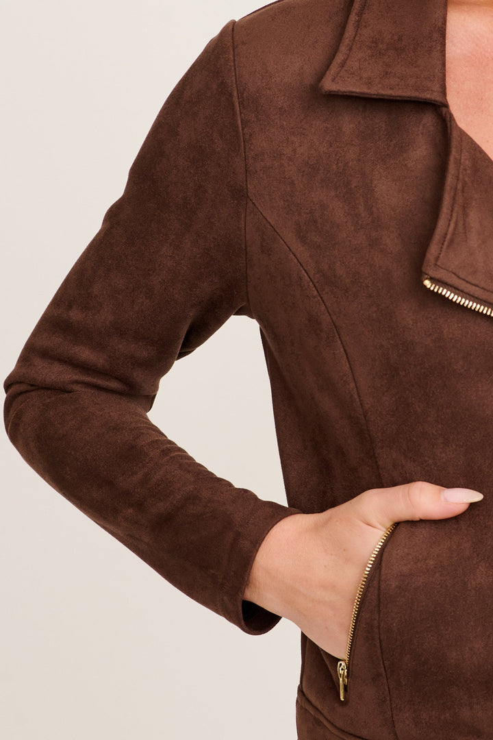Women's Cropped Asymmetric Zip Moto Jacket with Suede Look