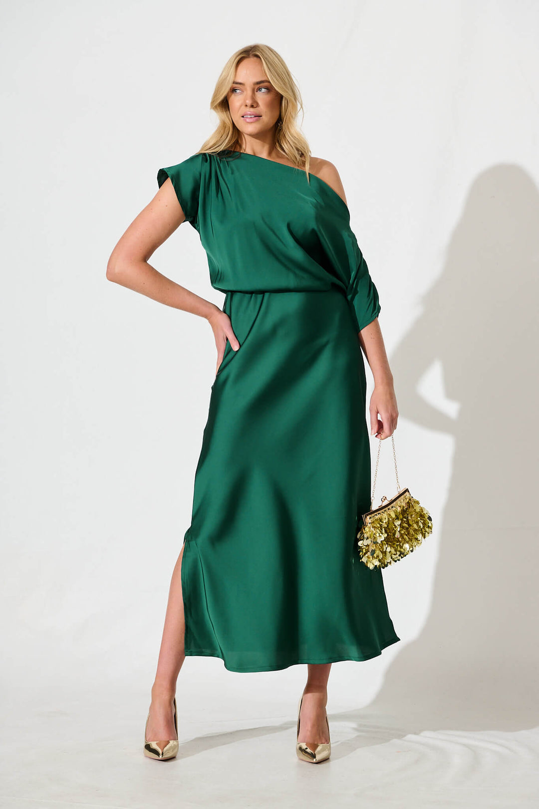 Women’s Asymmetrical Sleeve Side Split Midi Dress