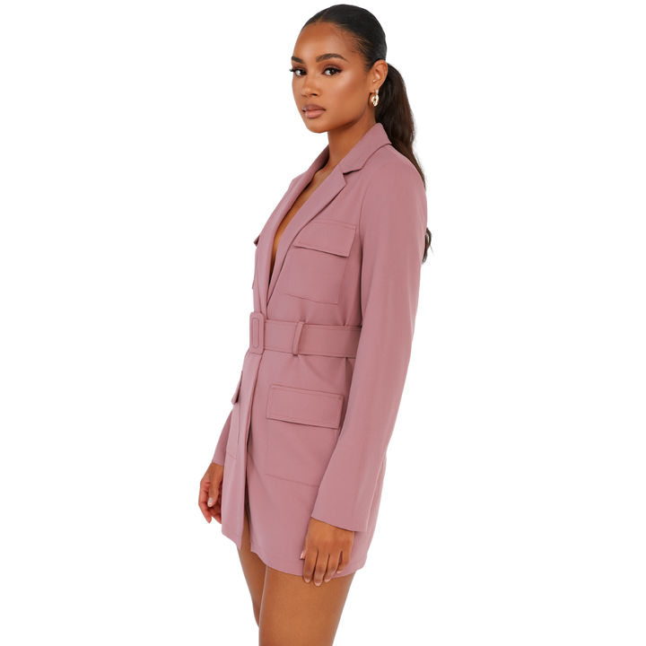 Women's Belted Blazer Mini Dress with Notched Lapel and Pockets