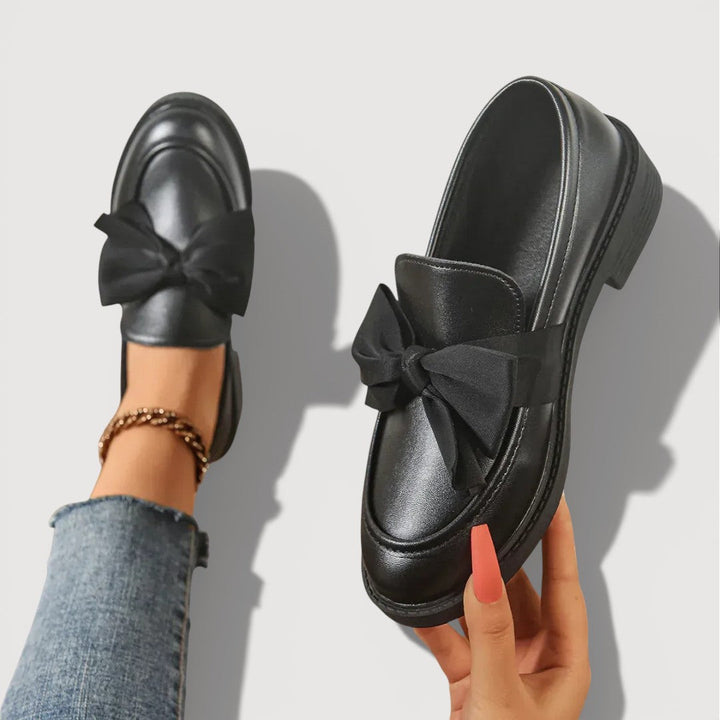 Women’s Rounded Toe Slip-On Loafers with Oversized Bow Detail