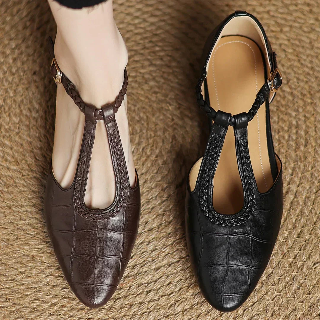 Women’s Pointed Toe T-Bar Strap Flats with Braided Trim
