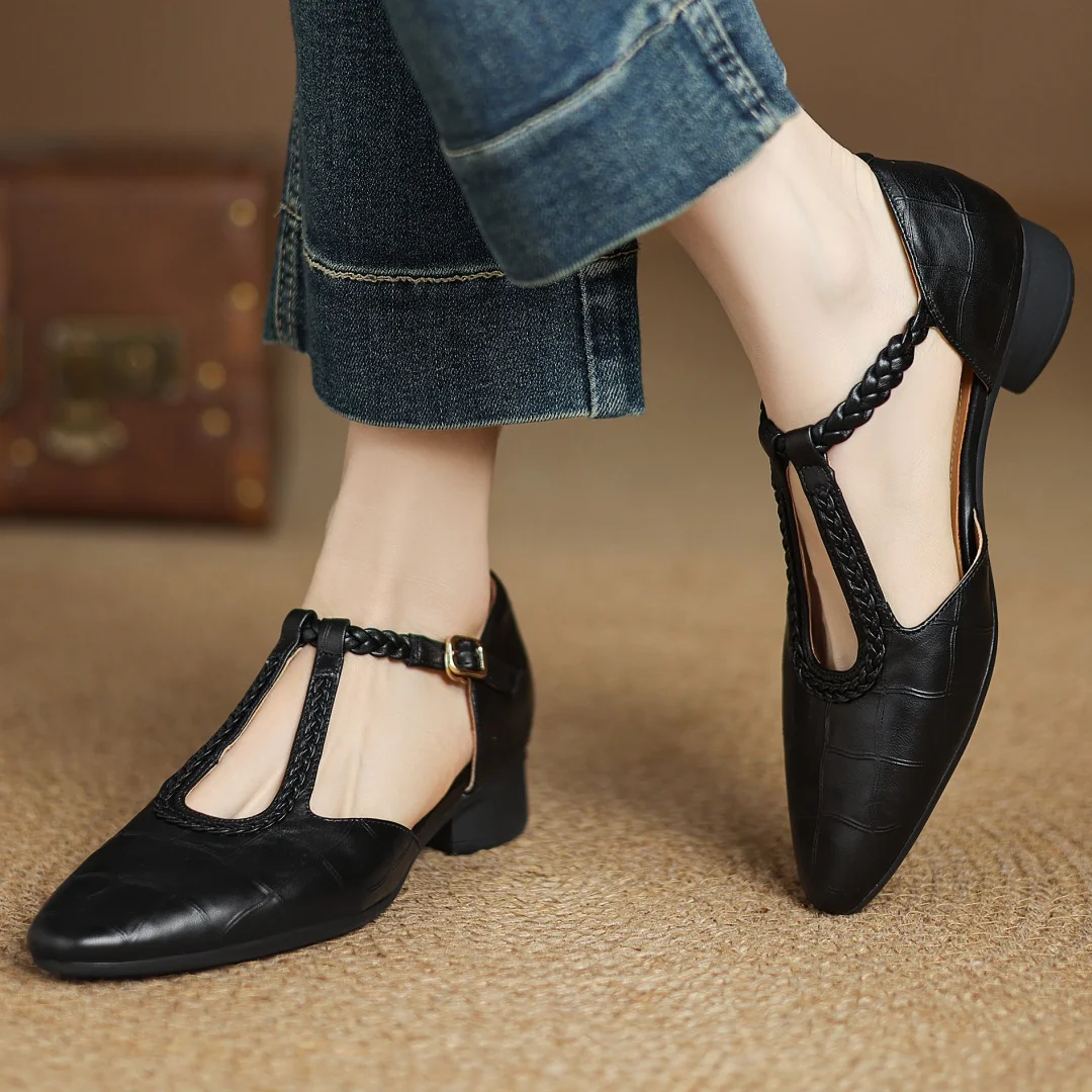 Women’s Pointed Toe T-Bar Strap Flats with Braided Trim