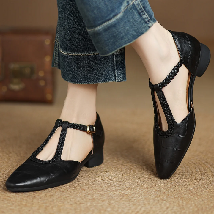 Women’s Pointed Toe T-Bar Strap Flats with Braided Trim