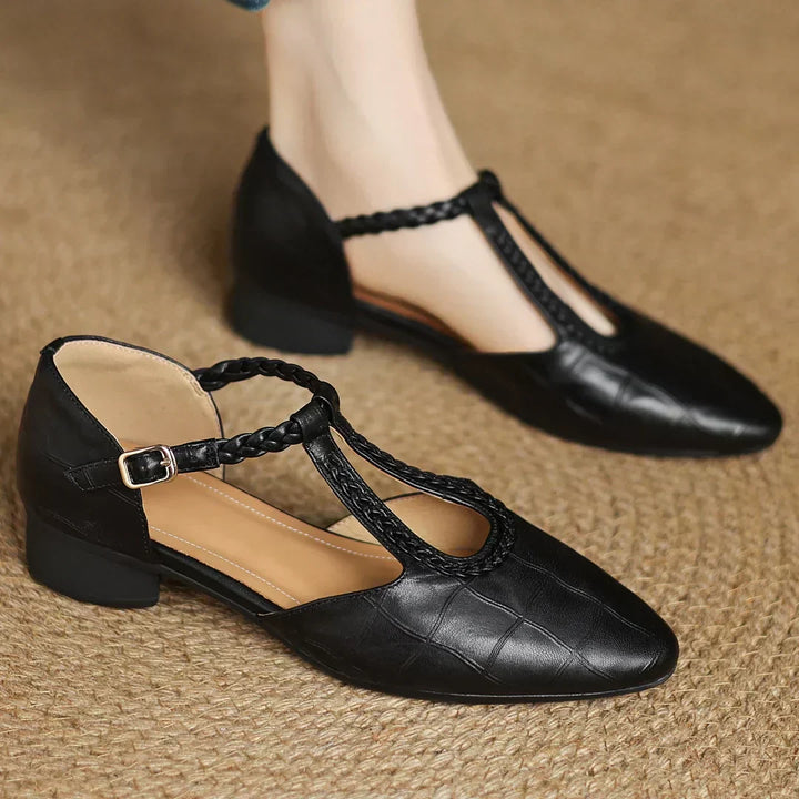 Women’s Pointed Toe T-Bar Strap Flats with Braided Trim