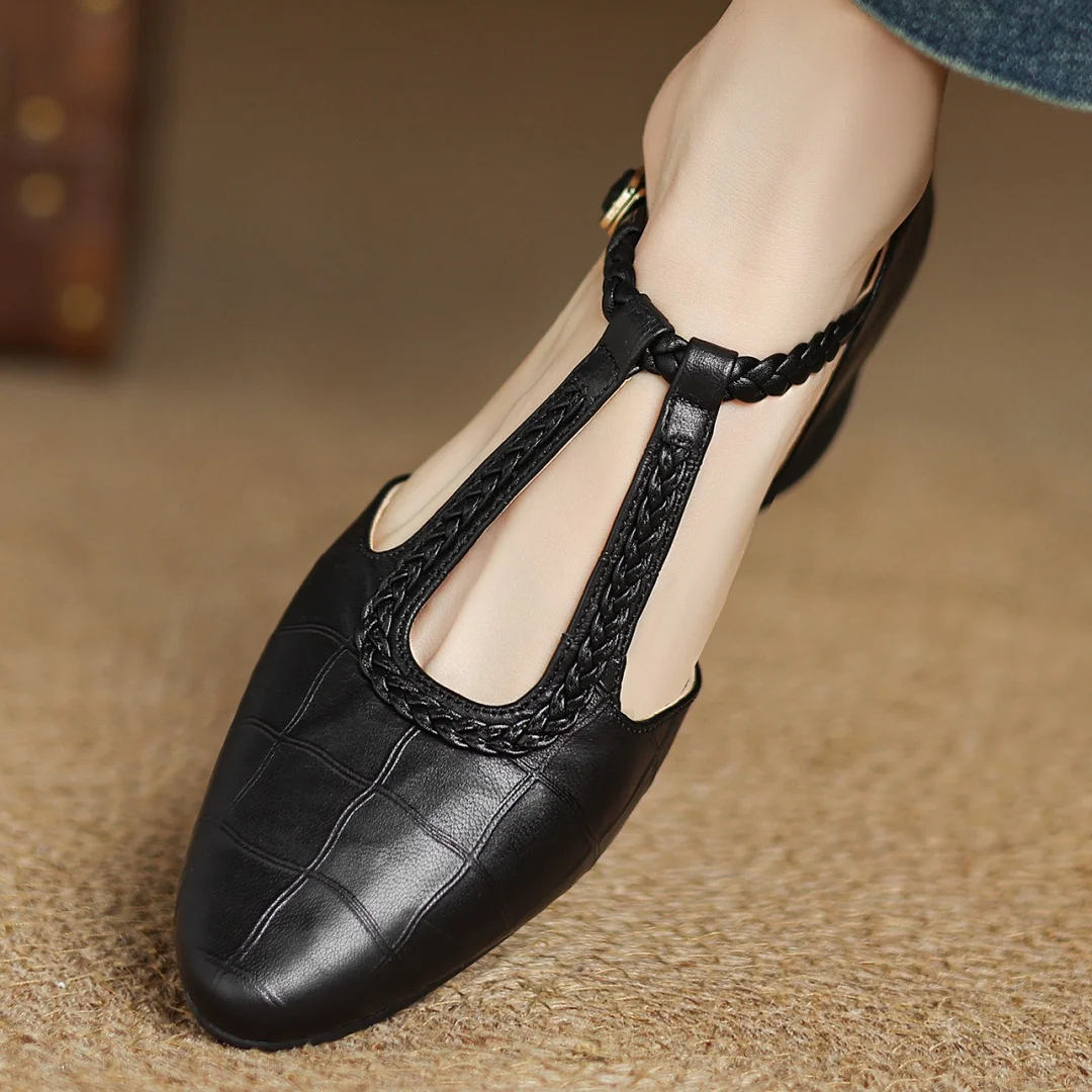 Women’s Pointed Toe T-Bar Strap Flats with Braided Trim