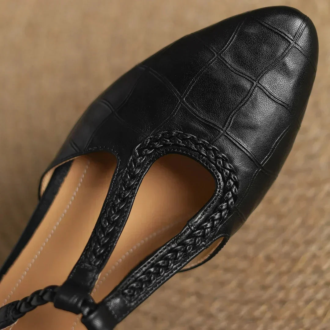 Women’s Pointed Toe T-Bar Strap Flats with Braided Trim