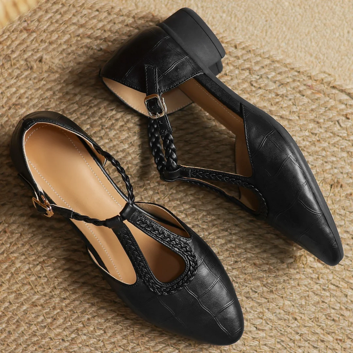 Women’s Pointed Toe T-Bar Strap Flats with Braided Trim