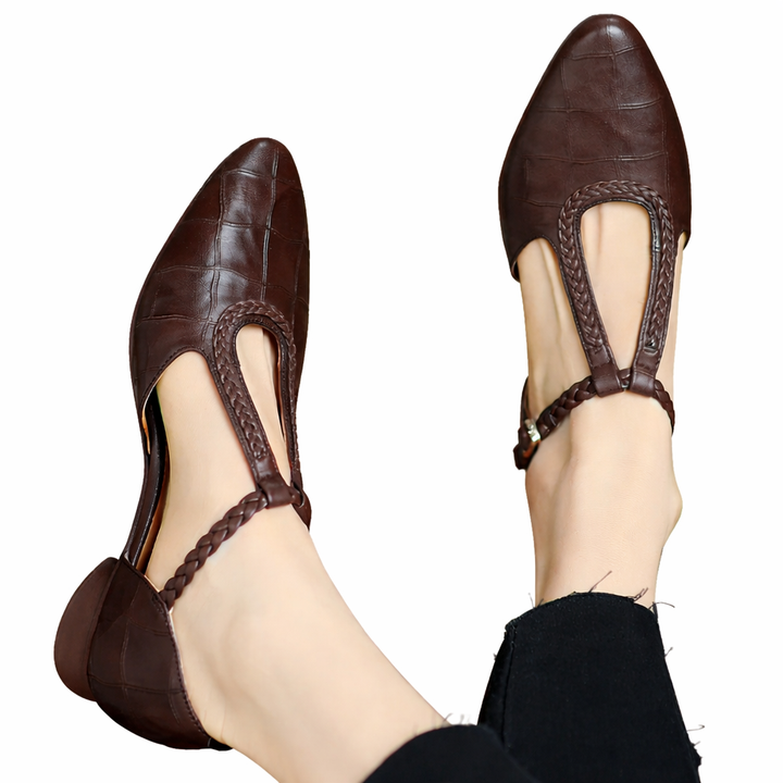 Women’s Pointed Toe T-Bar Strap Flats with Braided Trim