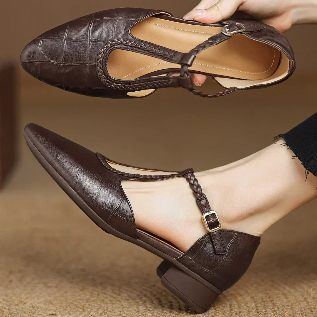 Women’s Pointed Toe T-Bar Strap Flats with Braided Trim