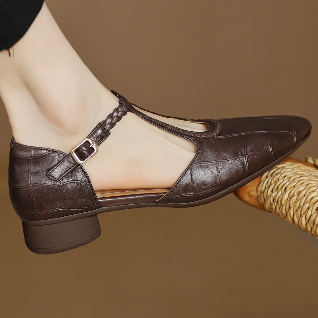 Women’s Pointed Toe T-Bar Strap Flats with Braided Trim