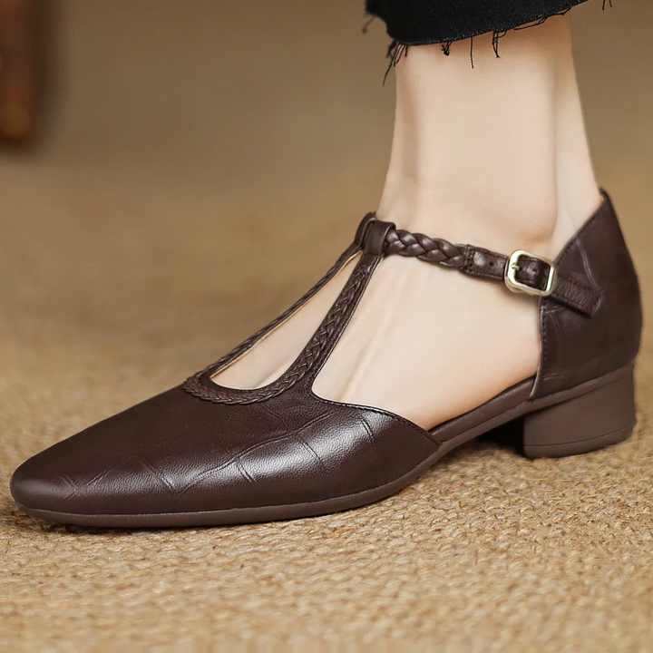 Women’s Pointed Toe T-Bar Strap Flats with Braided Trim