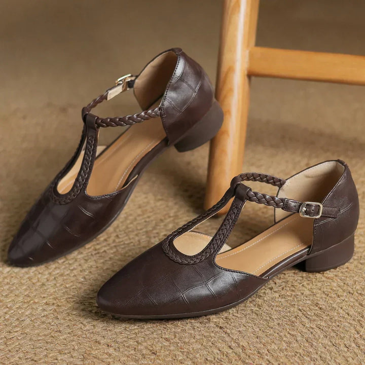Women’s Pointed Toe T-Bar Strap Flats with Braided Trim