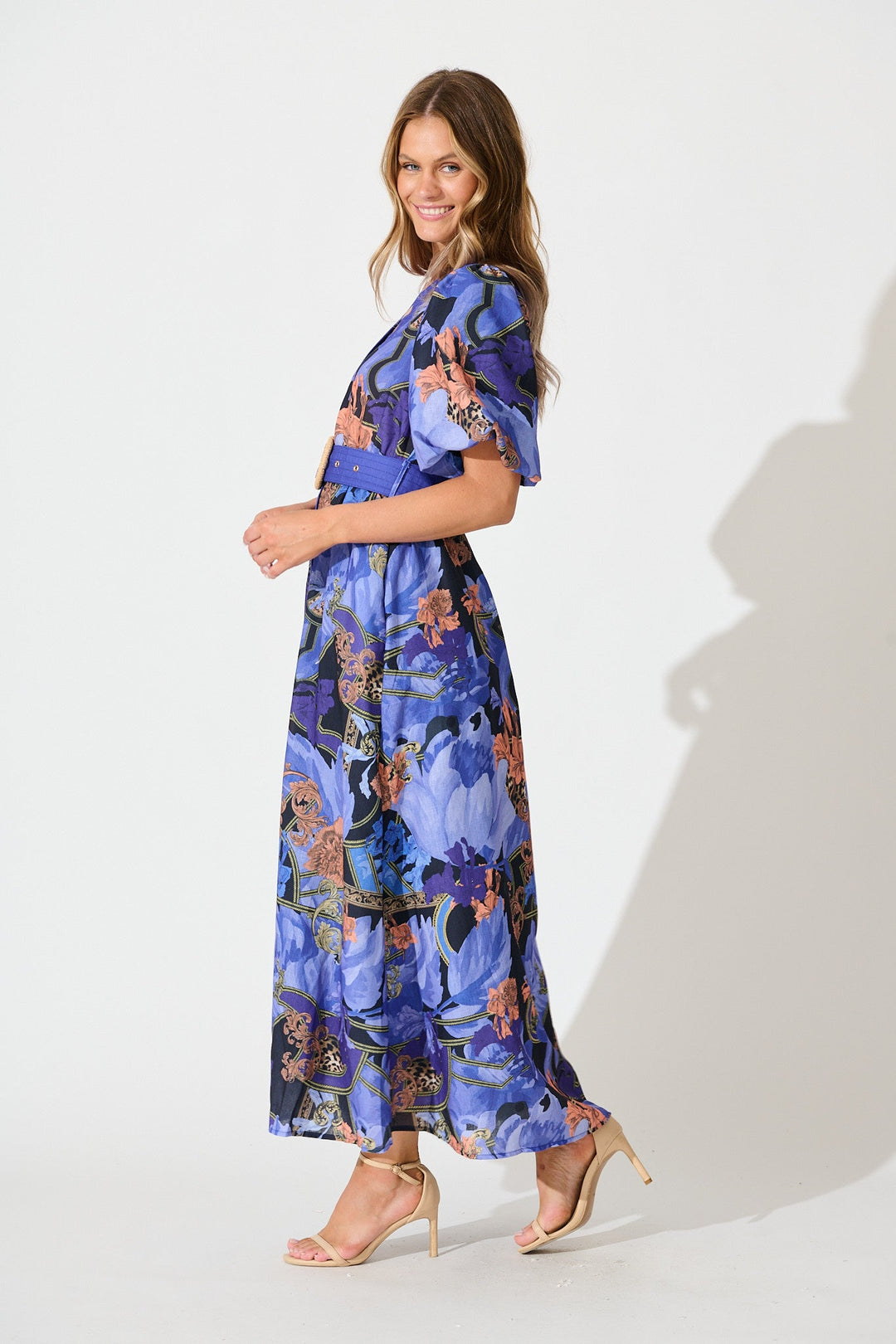 Women's Floral Midi Dress with Puff Sleeves and Waist Belt