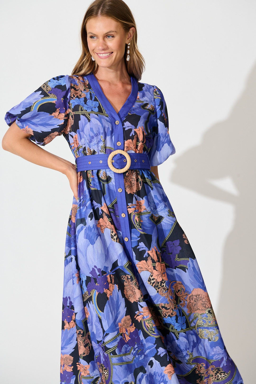 Women's Floral Midi Dress with Puff Sleeves and Waist Belt